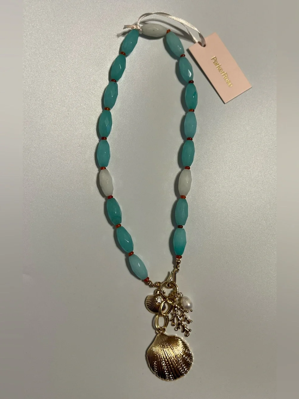 Parker Rose Gold Shell Charm Turquoise Beaded Coastal Necklace NWT
